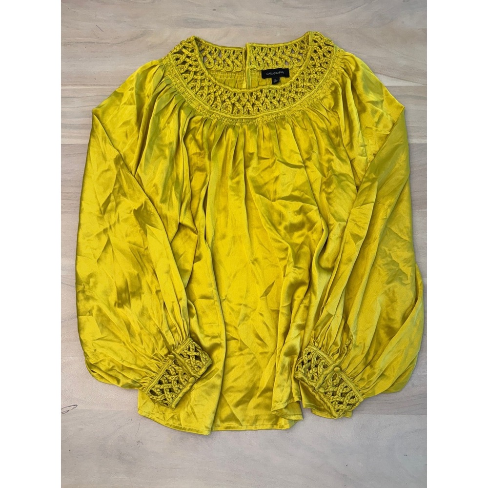 Calligraphie Chartreuse Yellow Braided Trim Blouse Womens Balloon Sleeve Top XL